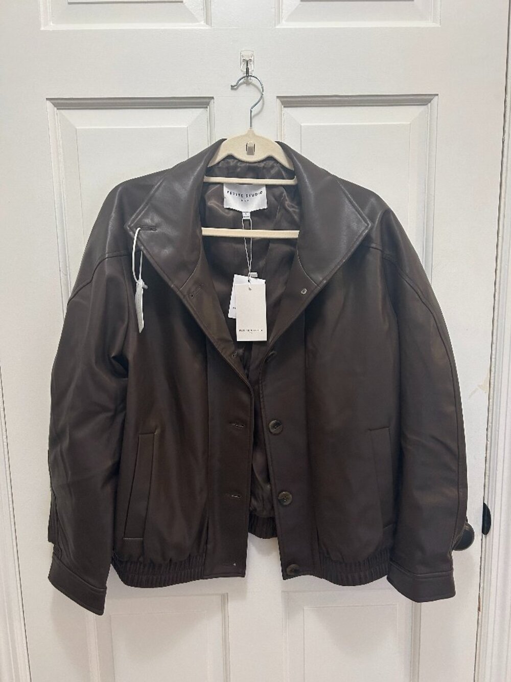 Petite Studio Faux Leather Bomber Oversize Jacket size petite large NWT